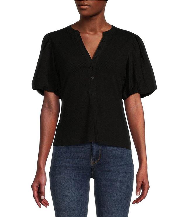 DKNY by Donna Karan Mixed Media V-Neck Short Sleeve Top Product Image