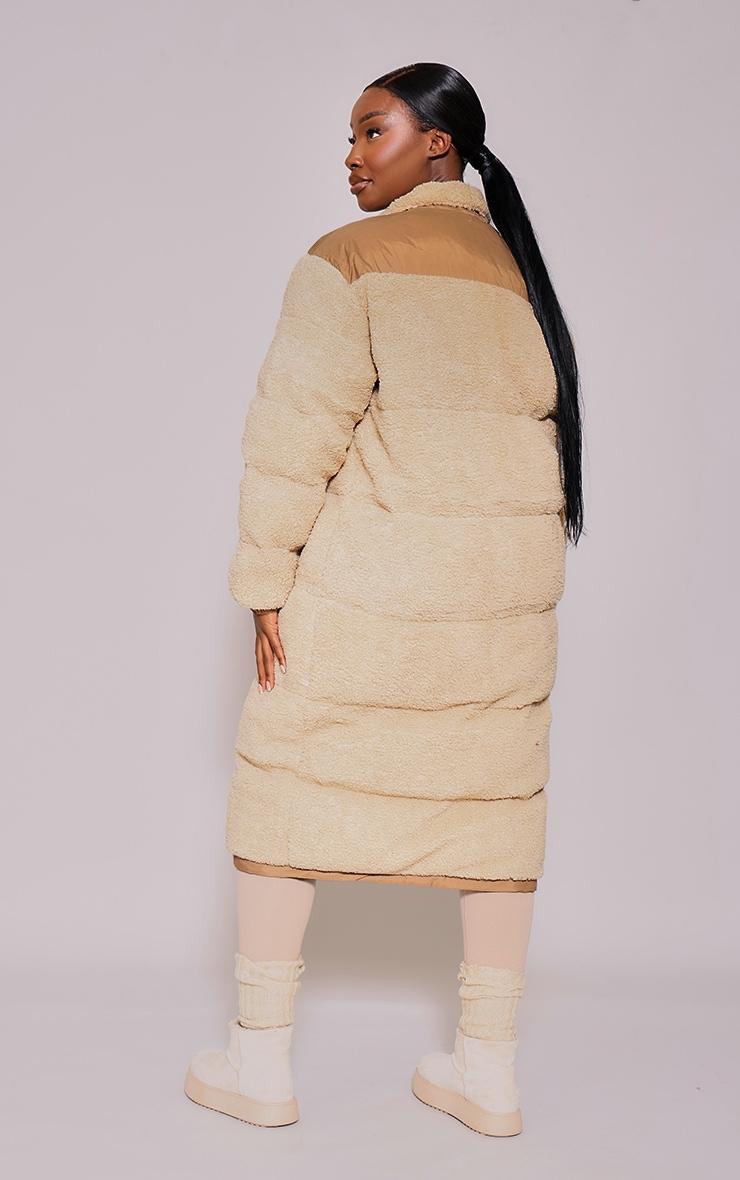 Plus Beige Contrast Borg Maxi Puffer Coat Product Image