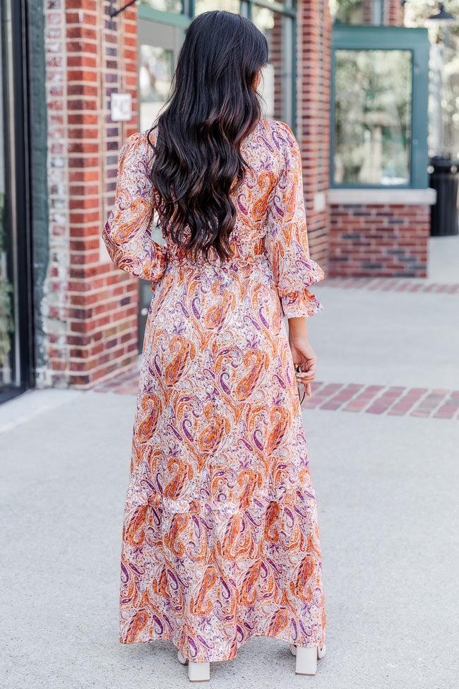 It's All A Dream Rust Multi Paisley Satin Ruffle Trim Maxi Dress FINAL SALE Product Image