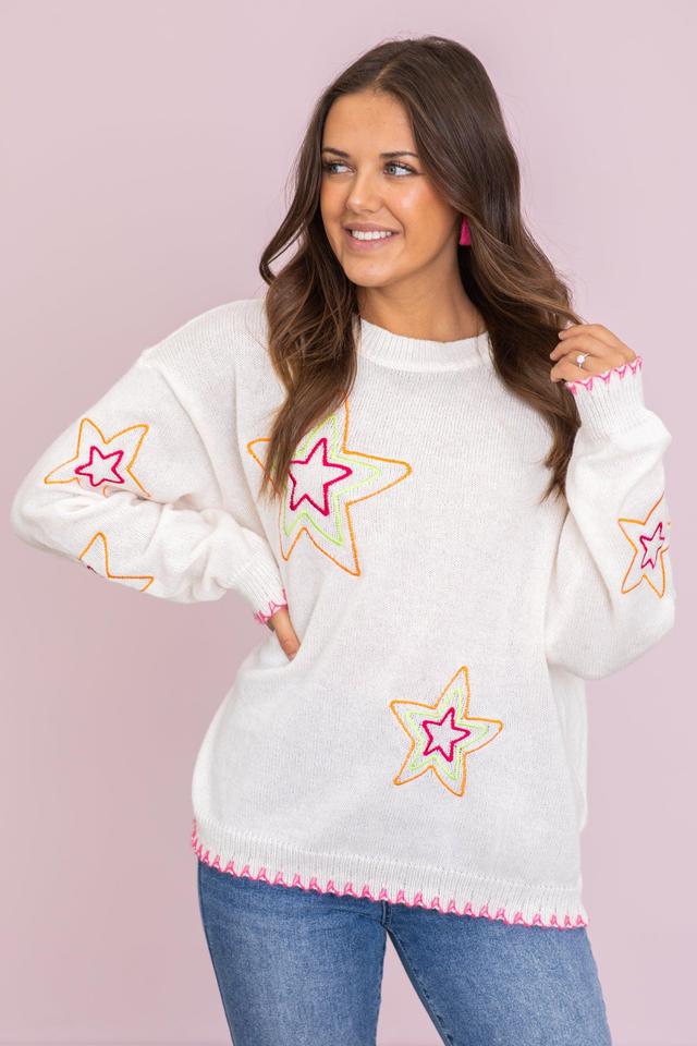 Ivory Sweater With Neon Star Embroidery Product Image