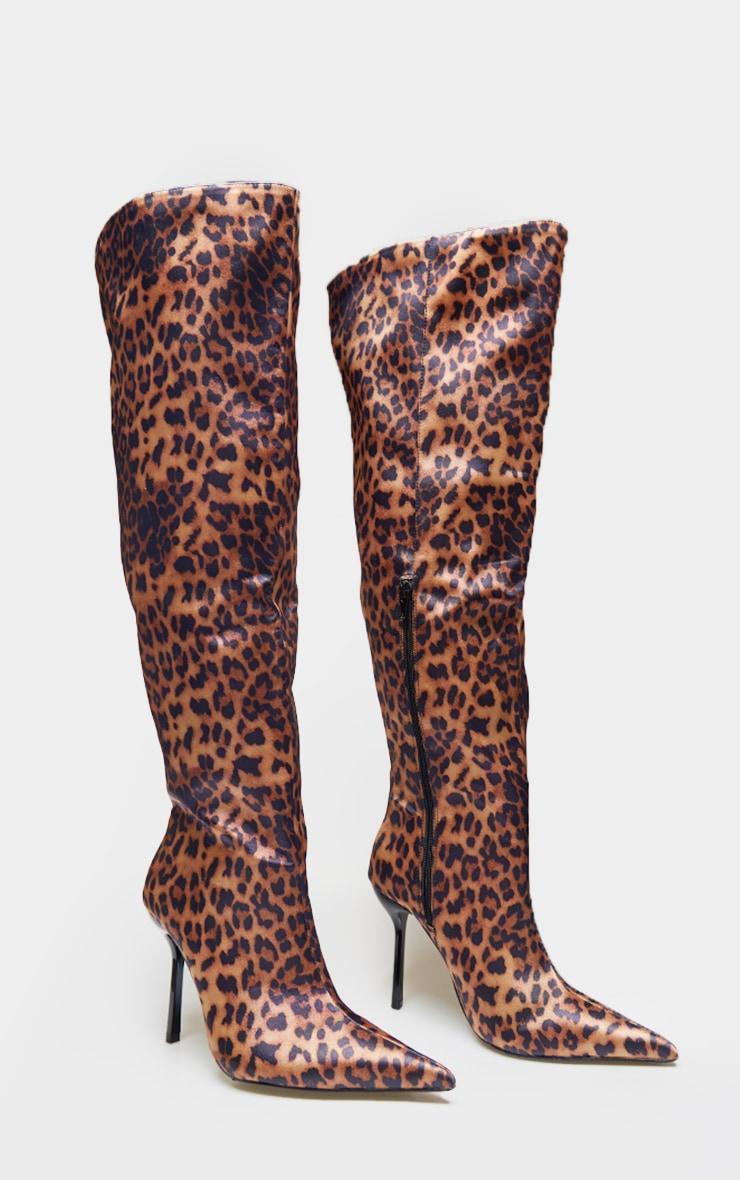 Leopard Satin Point Toe Over The Knee High Stiletto Heeled Boots Product Image