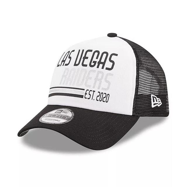 Mens New Era White/Black Las Vegas Raiders Stacked A-Frame Trucker 9FORTY Adjustable Hat Product Image