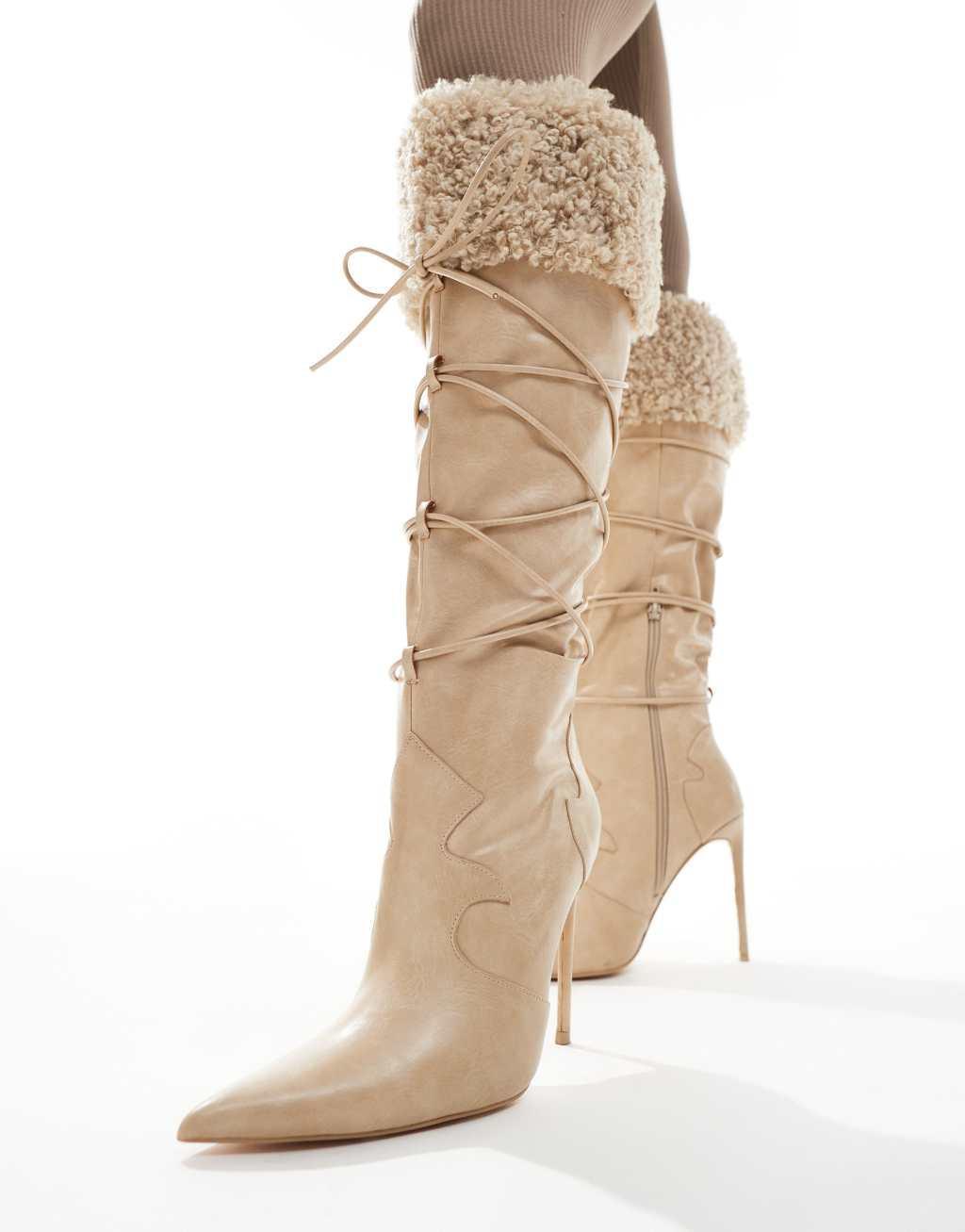 Public Desire Crusader fur trim pointed knee boots in cream Product Image