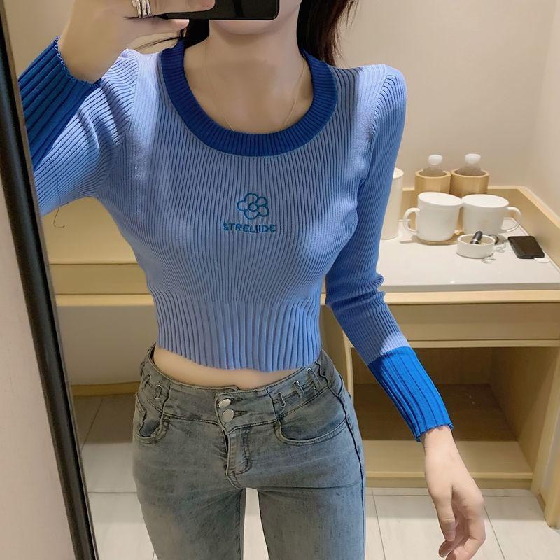 Scoop Neck Flower Embroidered Ribbed Sweater Product Image