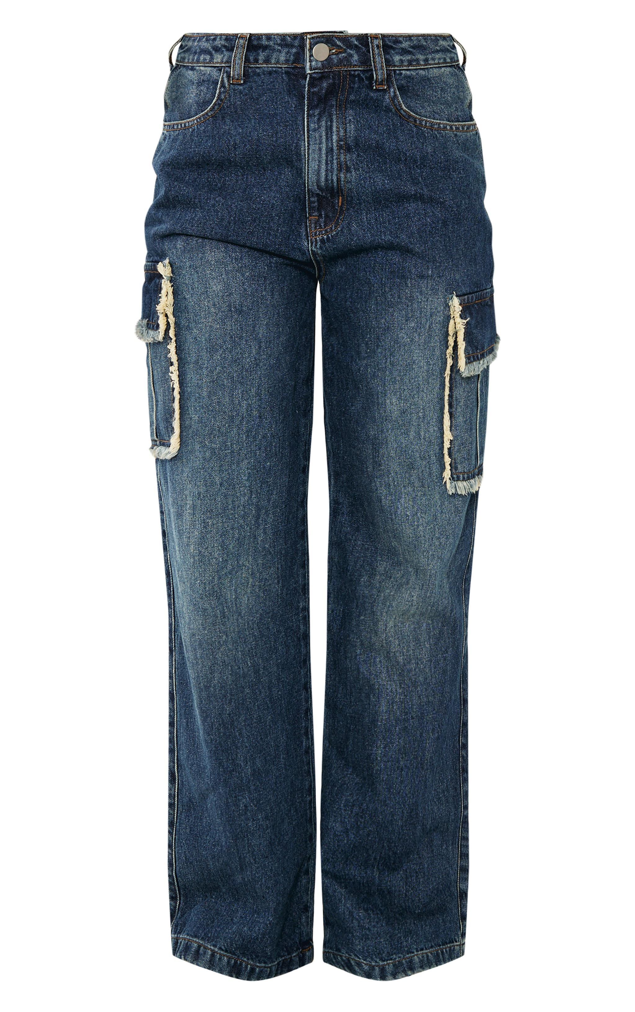 Dark Blue Wash Frayed Seam Cargo Pocket Boyfriend Jeans Product Image