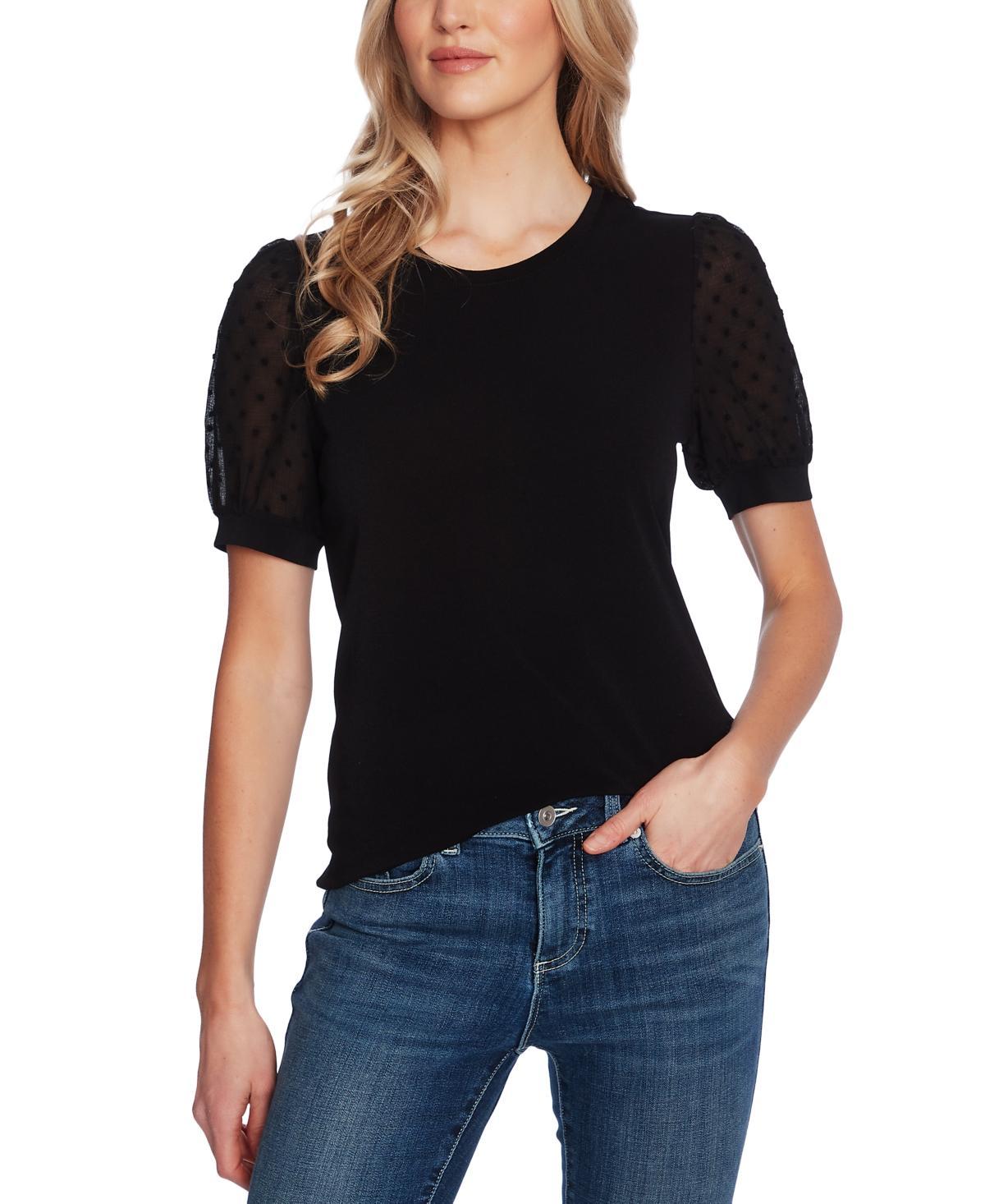 CeCe Womens Short Puff-Sleeve Mixed Media Knit Top Product Image