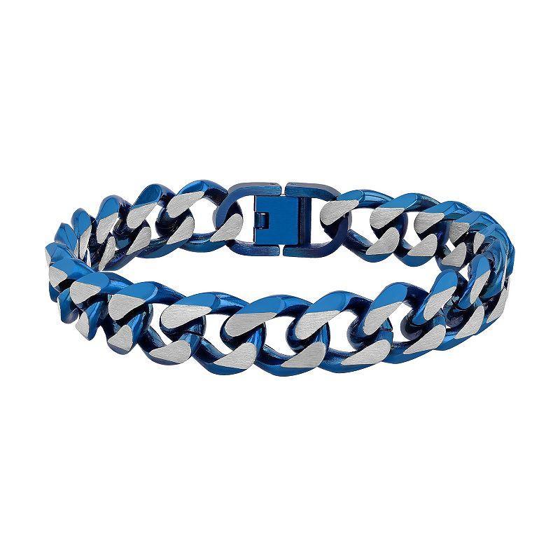 Steel Nation Mens Blue Ion-Plated Stainless Steel Curb Link Bracelet White Product Image