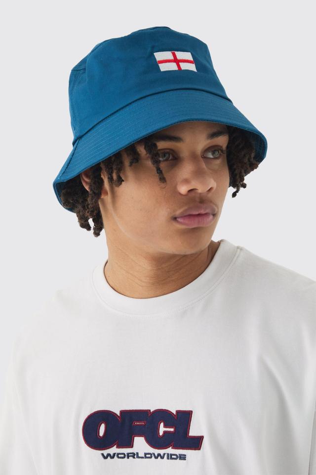 England Embroidered Bucket Hat In Blue | boohooMAN USA Product Image