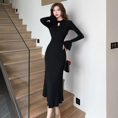 Long-Sleeve Round Neck Plain Cutout Ribbed Midi Sheath Knit Dress Product Image