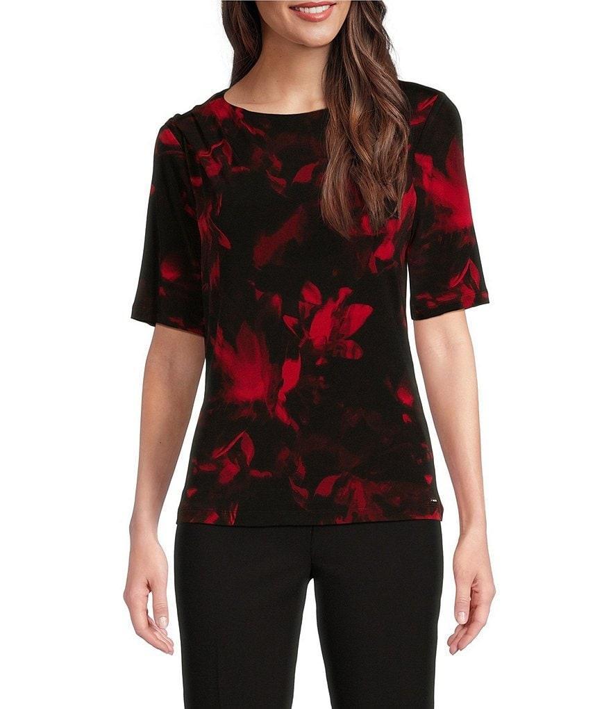 Calvin Klein Printed Crew Neck Elbow Sleeve Drape Shoulder Top Product Image