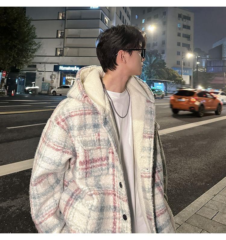 Hooded Drop Shoulder Plaid Button Down Oversized Coat Product Image