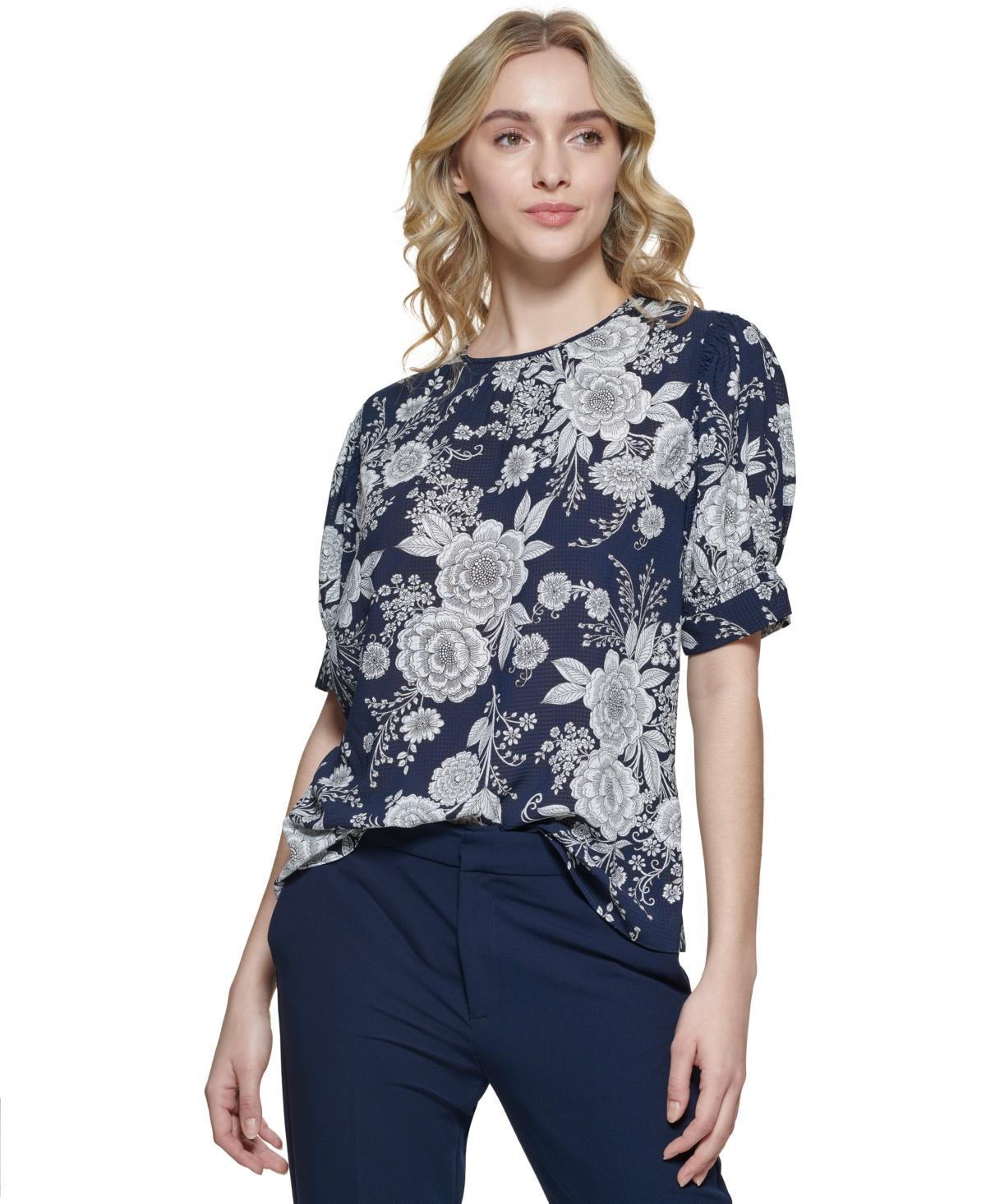 Tommy Hilfiger Womens Floral Cuffed Puff-Sleeve Blouse Product Image