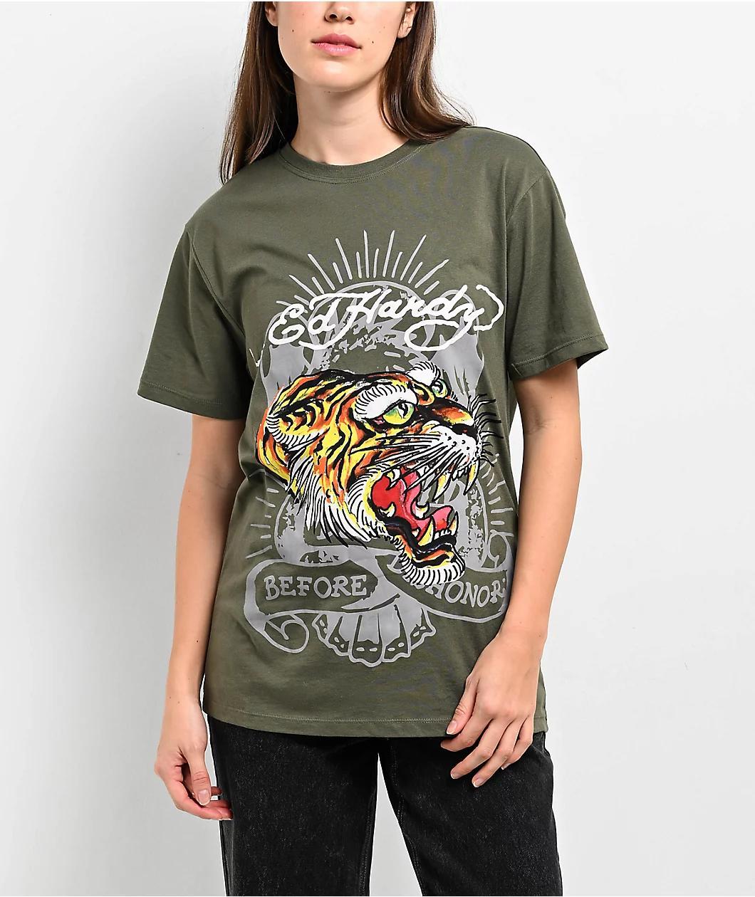 Ed Hardy Screaming Tiger Olive T-Shirt Product Image