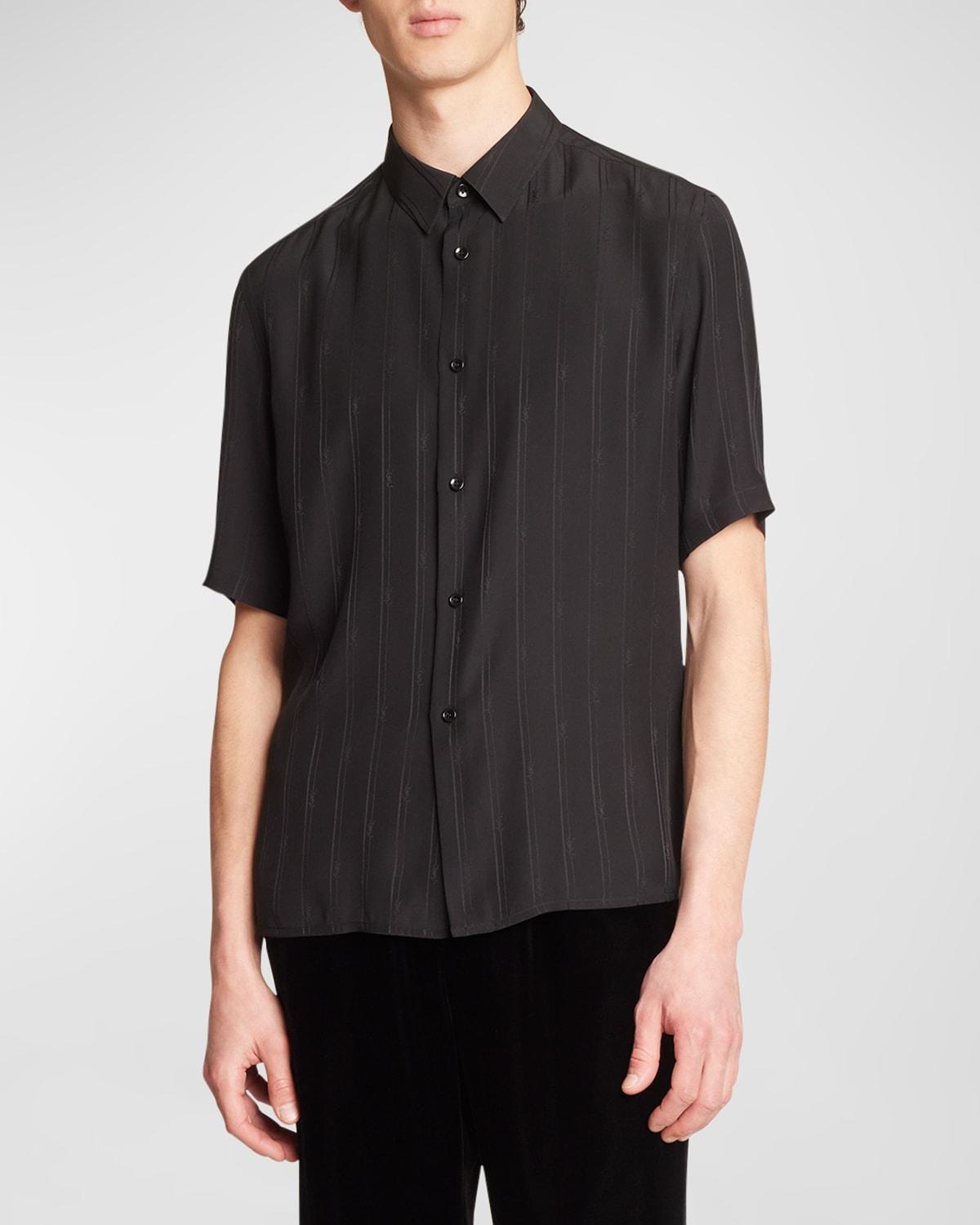 Saint Laurent Tonal Stripe Short Sleeve Silk Button-Up Shirt Product Image