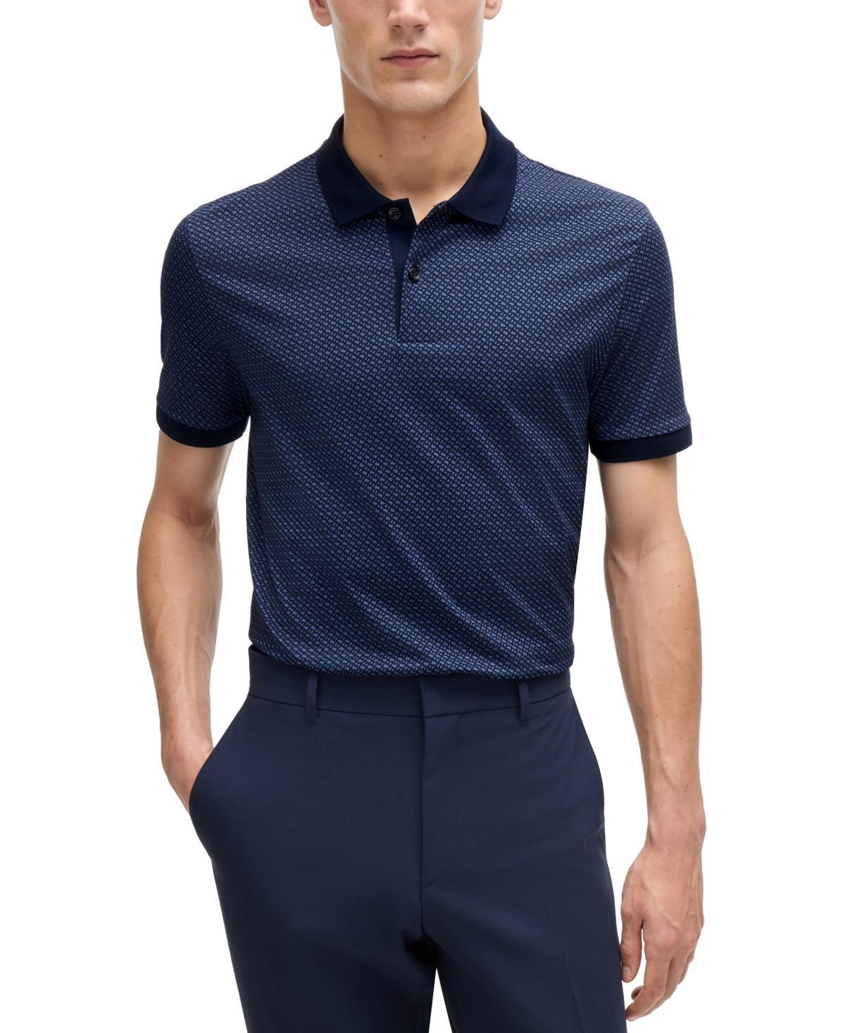 Boss By  Men's Two-tone Monogram Print Polo Shirt In Dark Blue Product Image