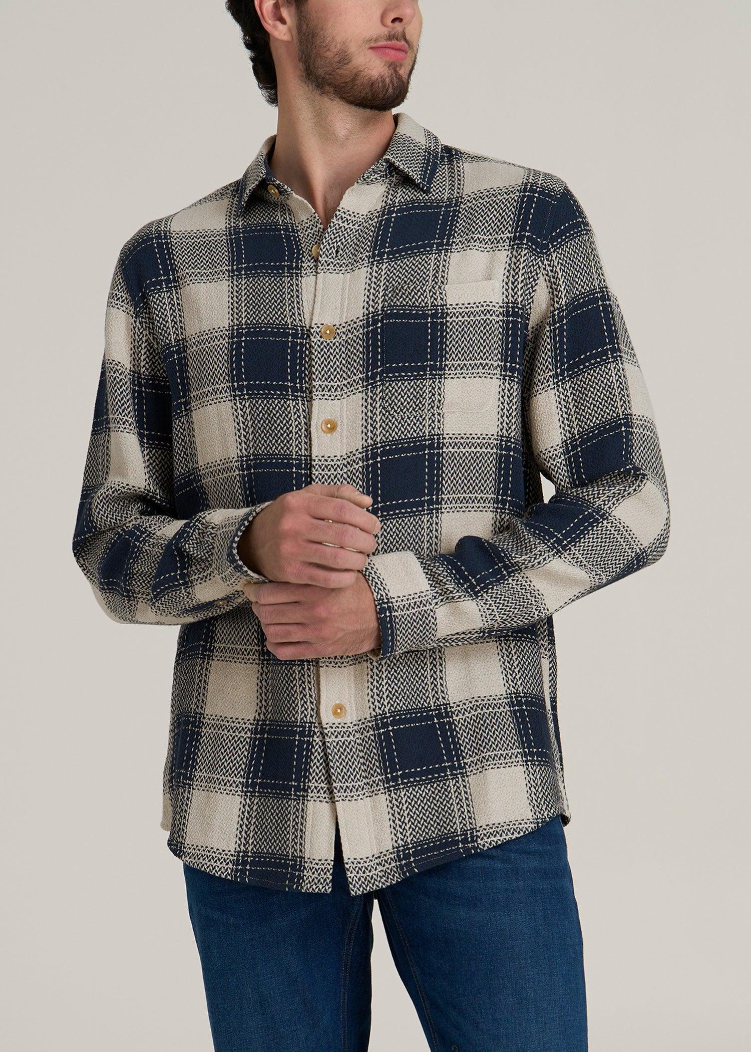 Lightweight Knit Overshirt for Tall Men in Navy and Beige Plaid Product Image