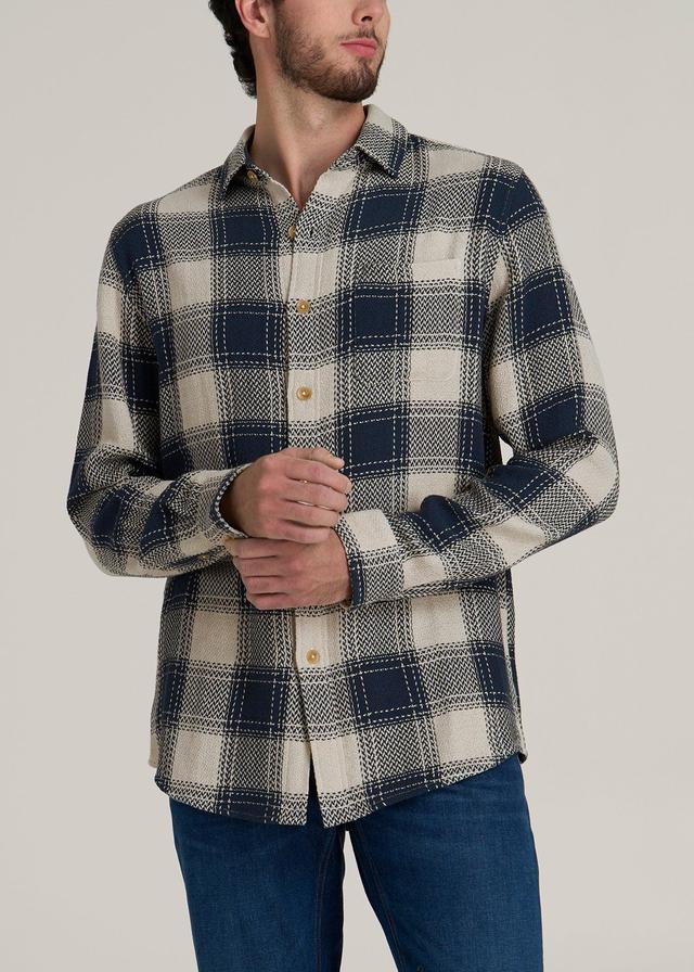 Lightweight Knit Overshirt for Tall Men in Navy and Beige Plaid Male Product Image