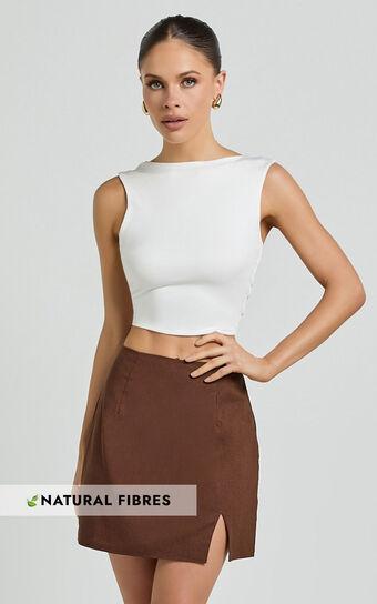 Mindy Mini Skirt - Linen Look A Line Side Split Skirt in Brown Product Image