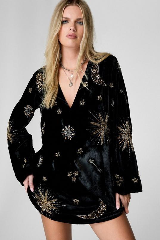 Velvet Celestial Tattoo Embellished Plunge Tunic Mini Dress Product Image