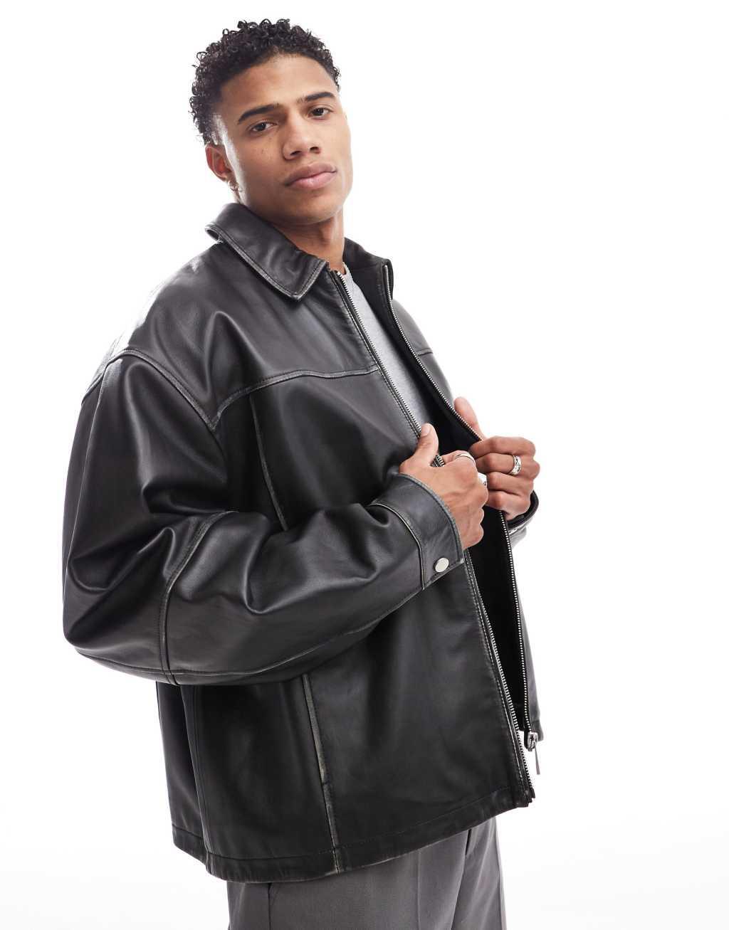 ASOS DESIGN premium real leather oversized harrington jacket in black Product Image