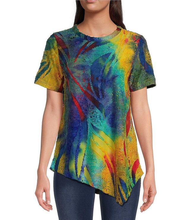 Calessa Petite Size Jacquard Knit Burnout Tie-Dye Abstract Paisley Print Crew Neck Short Sleeve Asymmetrical Hem Tunic Product Image