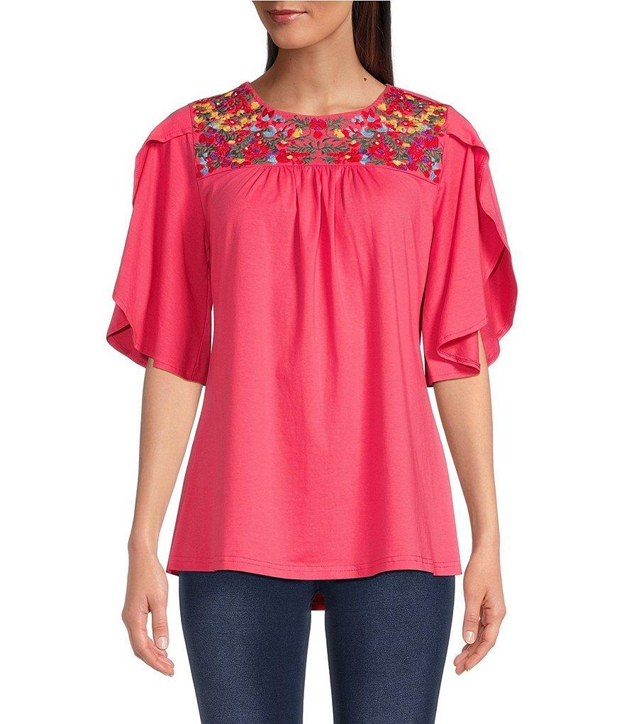 Calessa Embroidered Knit Crew Neck Flutter Short Sleeve Blouse Product Image