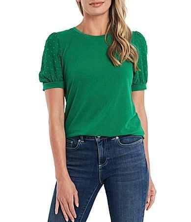 CeCe Womens Short Puff-Sleeve Mixed Media Knit Top Product Image