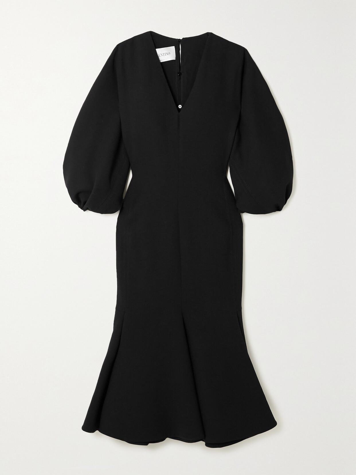 VALENTINO Gathered-sleeve V-neck Midi Dress In Black Product Image