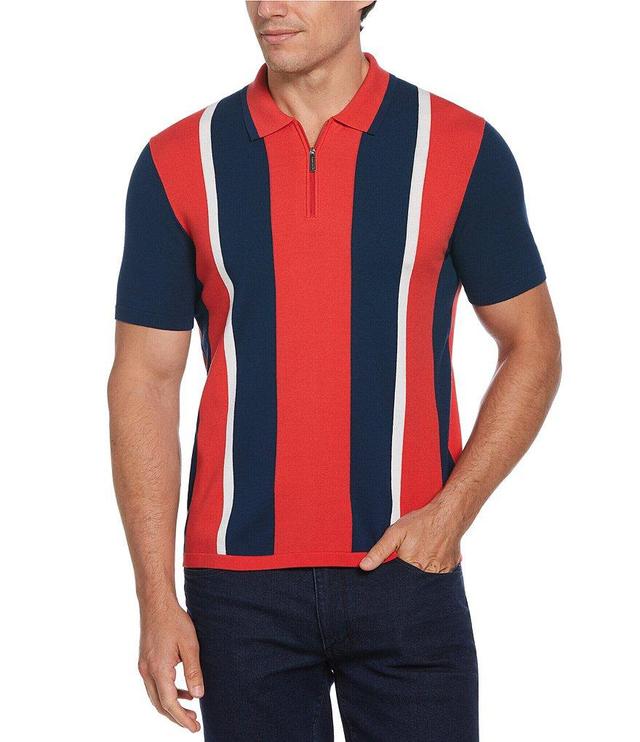 Perry Ellis Multi Stripe Quarter-Zip Short Sleeve Polo Shirt Product Image