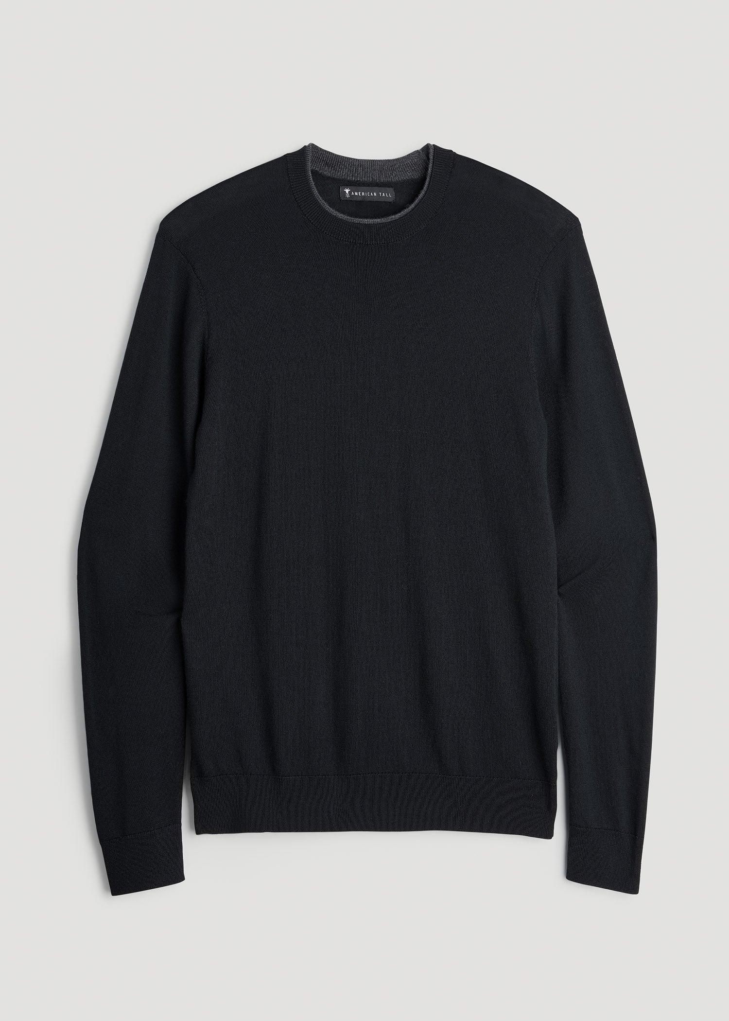 Merino Wool Crewneck Tip Sweater for Tall Men in Black Product Image