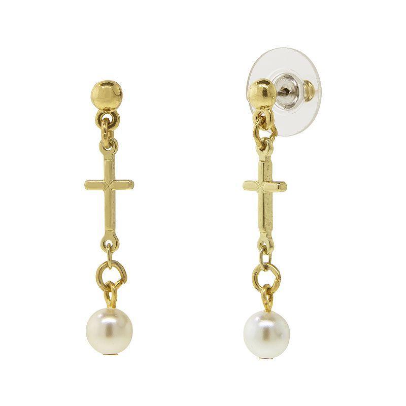 Symbols of Faith 14K Gold Dipped Cross Drop Faux Pearl Earrings, Womens, White Product Image