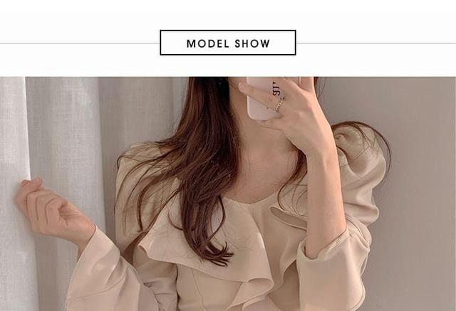 Long-Sleeve V-Neck Ruffle Plain Crop Blouse Product Image