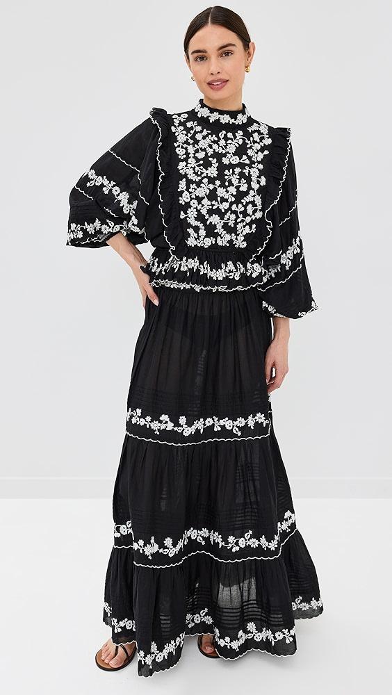 FARM Rio Black Embroidered Ruffle Longe Sleeve Blouse | Shopbop Product Image