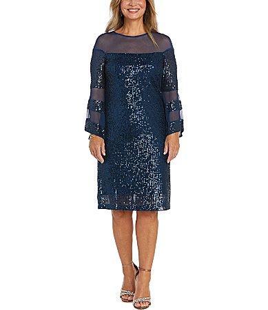 R  M Richards Long Sleeve Illusion Crew Neck Sequin Shift Dress Product Image