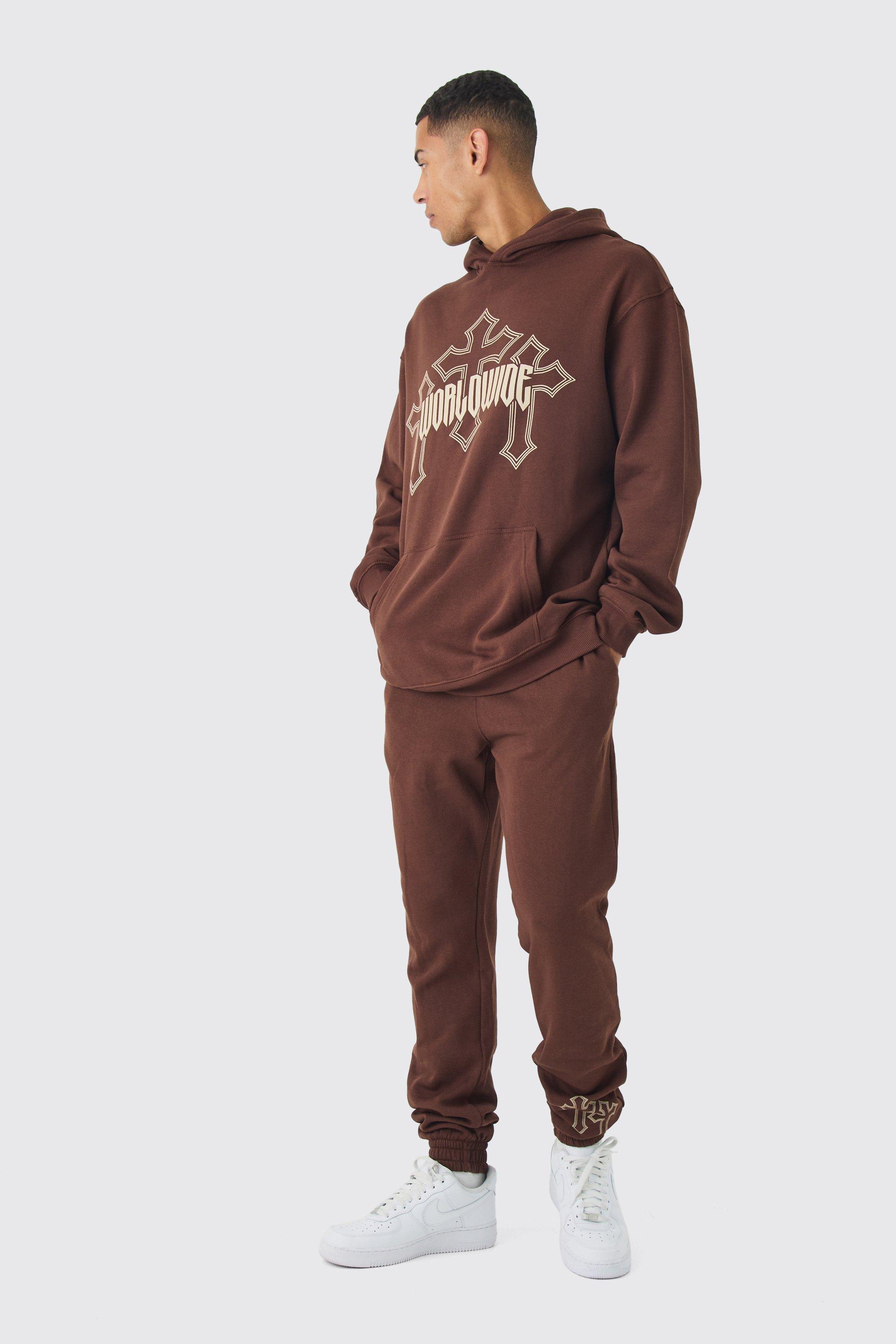 Tall Worldwide Gothic Cross Hoodie & Relaxed Fit Sweatpants Tracksuit | boohooMAN USA Product Image