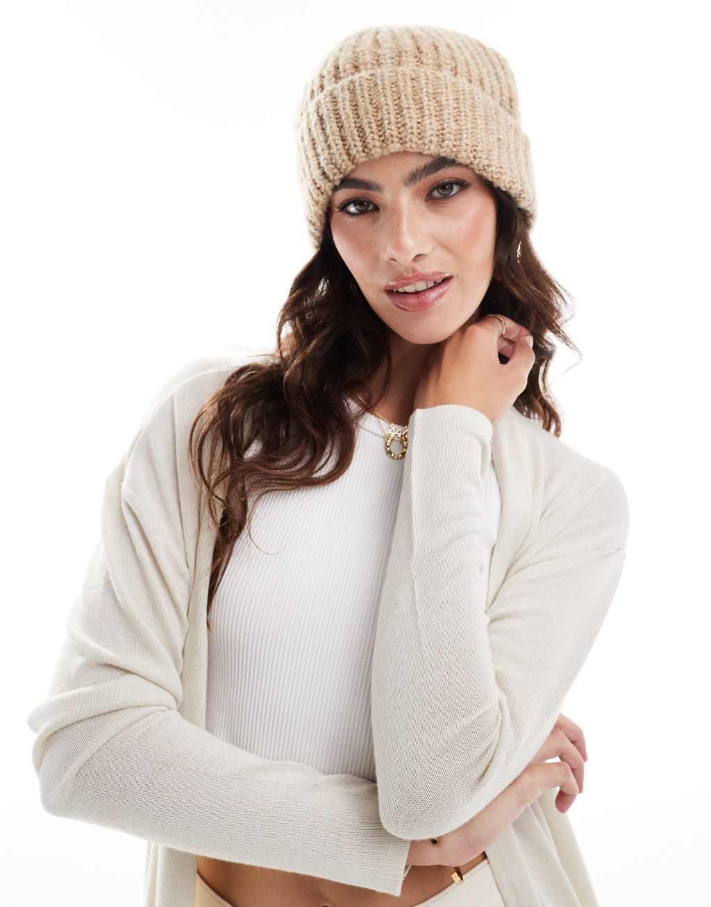 ASOS DESIGN chunky knit beanie in oatmeal Product Image