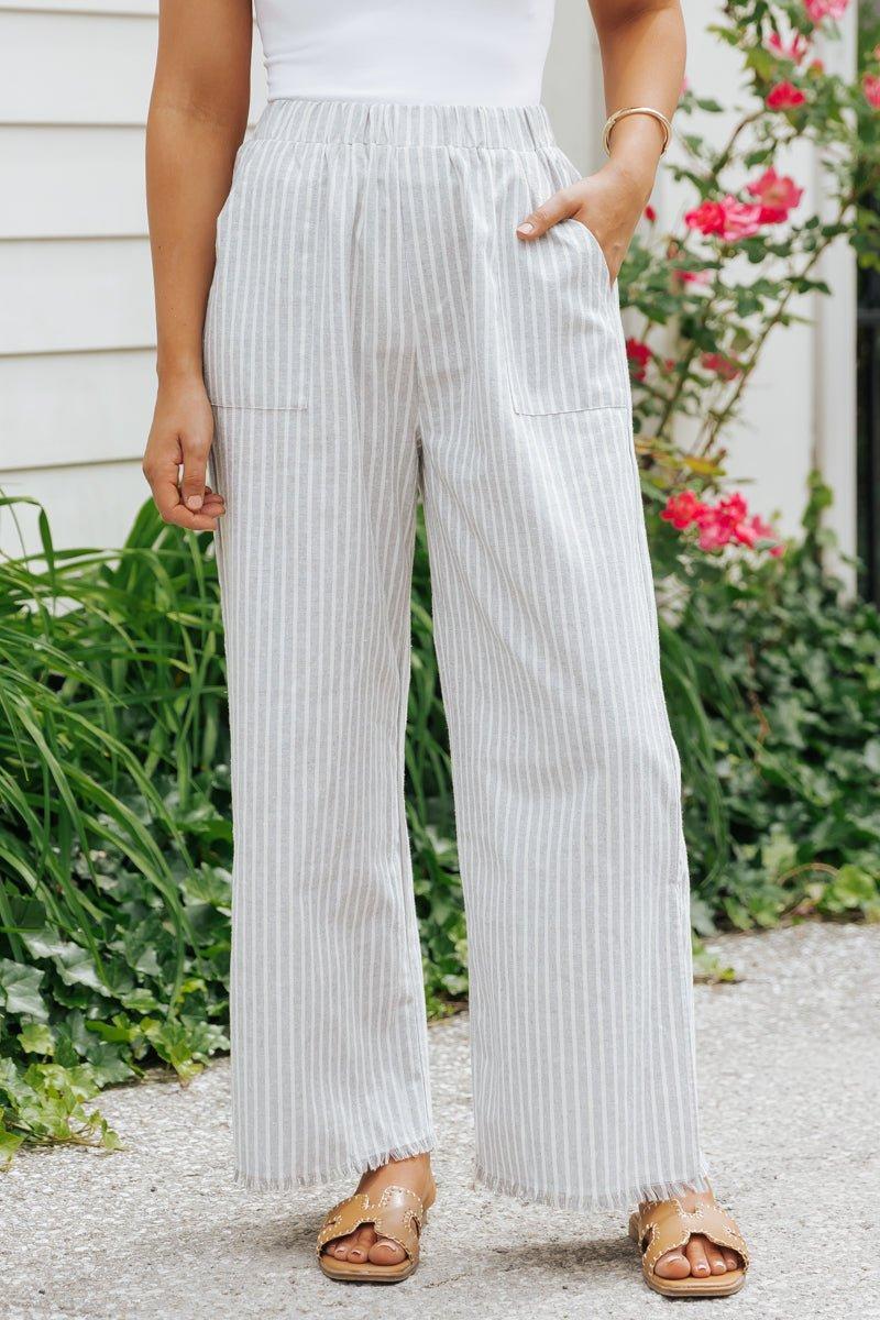 Grey Striped Elastic Waist Slit Linen Pants - FINAL SALE Product Image