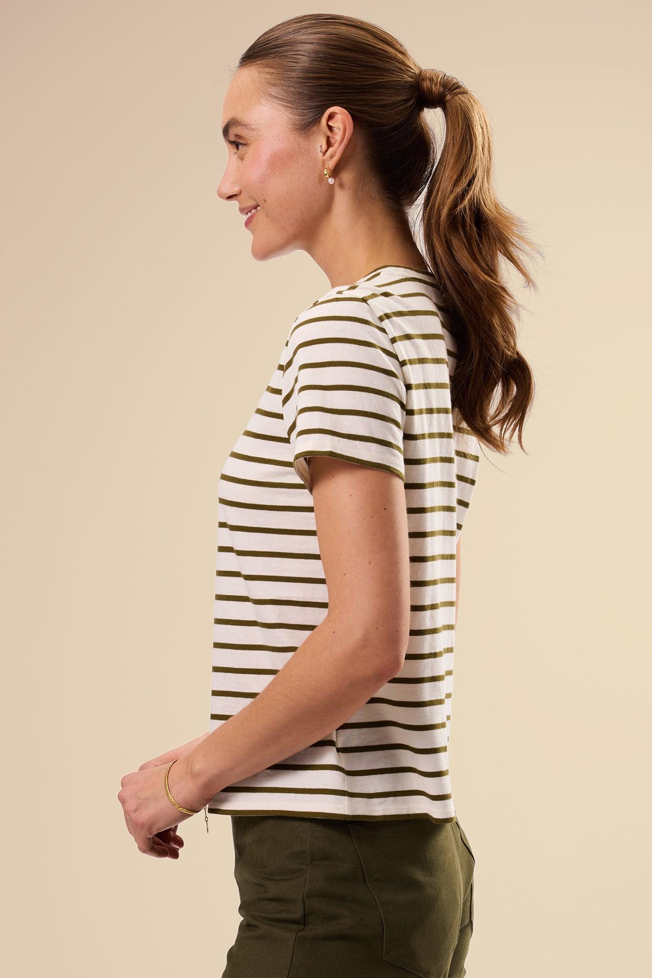 Berkeley Organic Cotton Tee - Ivory Olive Stripe Product Image