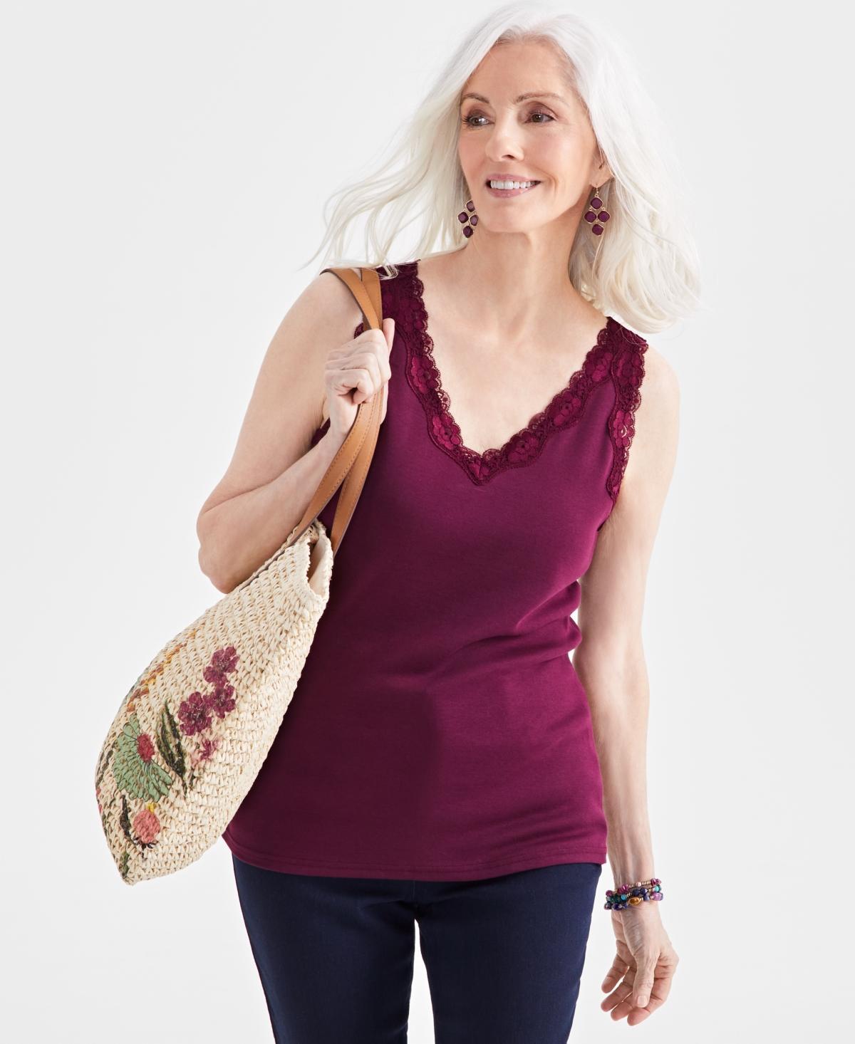 Women's Lace-Trim Cotton Tank Top, Created for Macy's Product Image