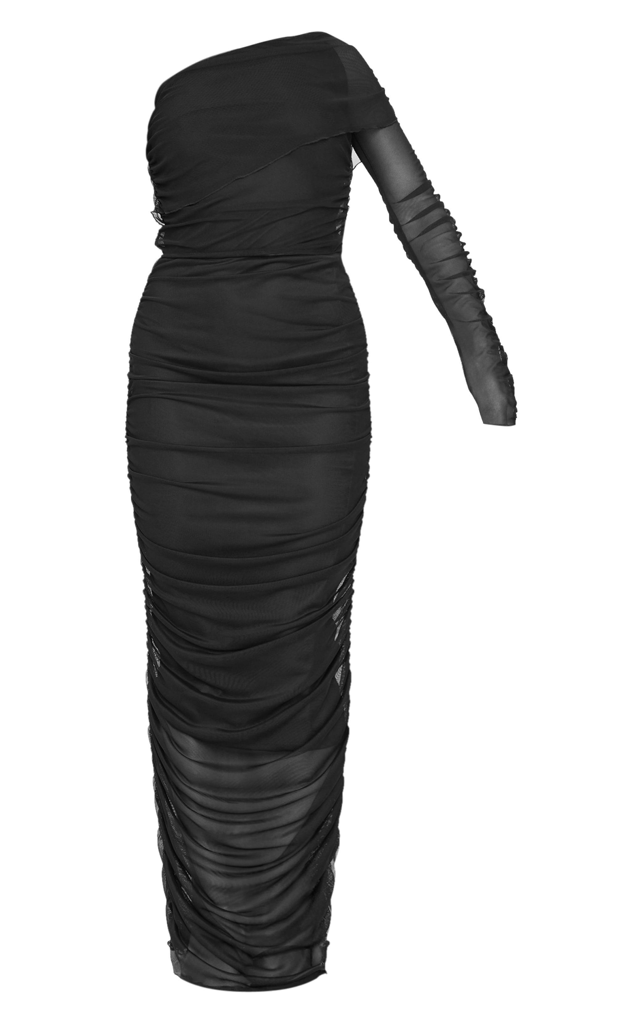 Black Mesh Bardot One Sleeve Maxi Dress Product Image