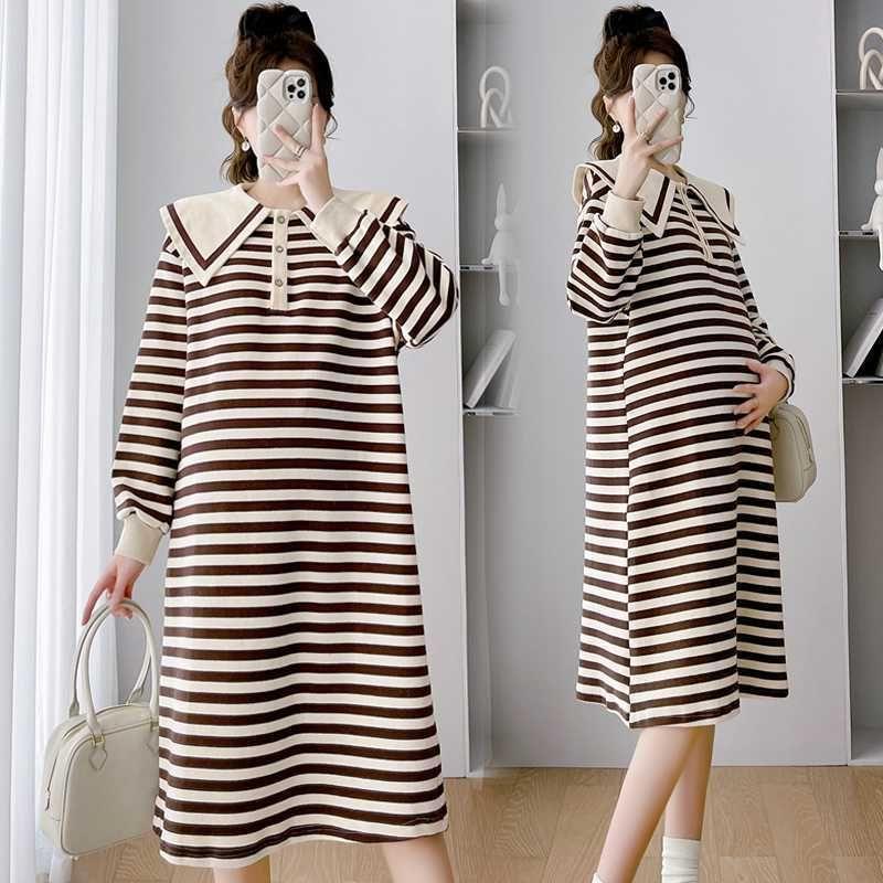 Maternity Long-Sleeve Collar Striped Midi Sweatshirt Dress Product Image