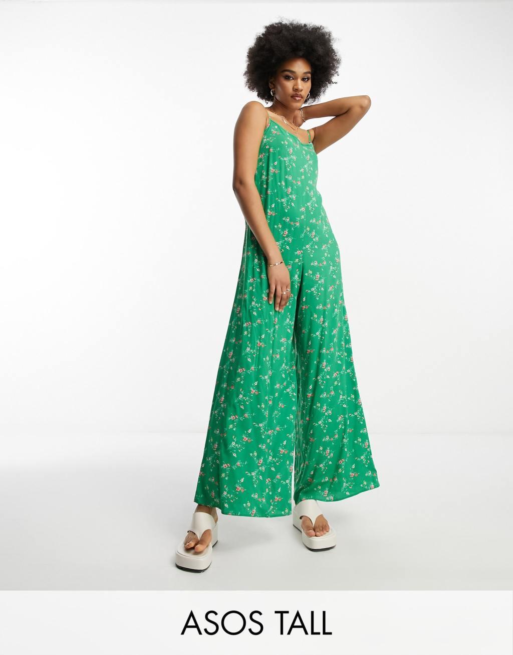 ASOS DESIGN Tall strappy culotte jumpsuit in green floral print Product Image