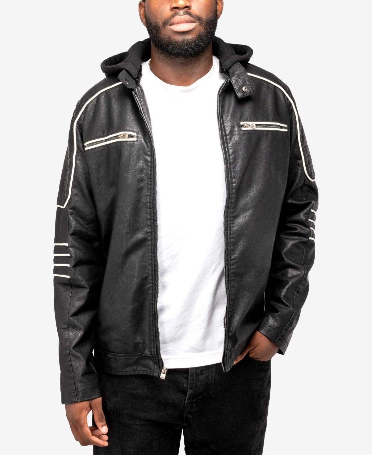 X-Ray Mens Grainy Polyurethane Moto Jacket with Hood and Faux Shearling Lining - Black Product Image