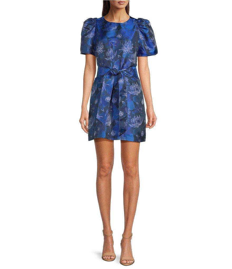 Abbey Glass Marty Floral Print Jacquard Round Neck Short Sleeve Shift Mini Dress Product Image