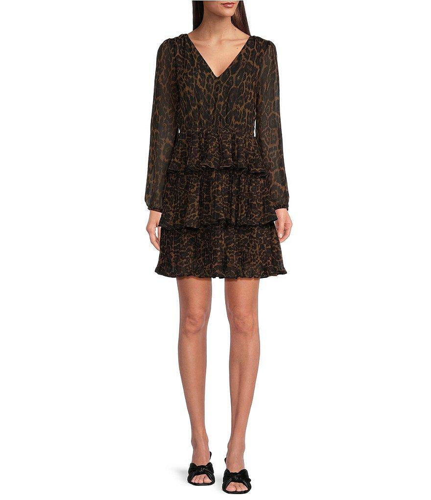 Layered With Love Jackie Chiffon Animal Print V-Neck Long Sleeve Tiered Mini Dress Product Image