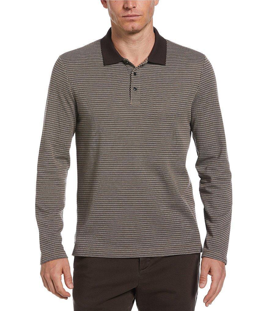 Perry Ellis Geo Print Jacquard Long Sleeve Polo Shirt Product Image