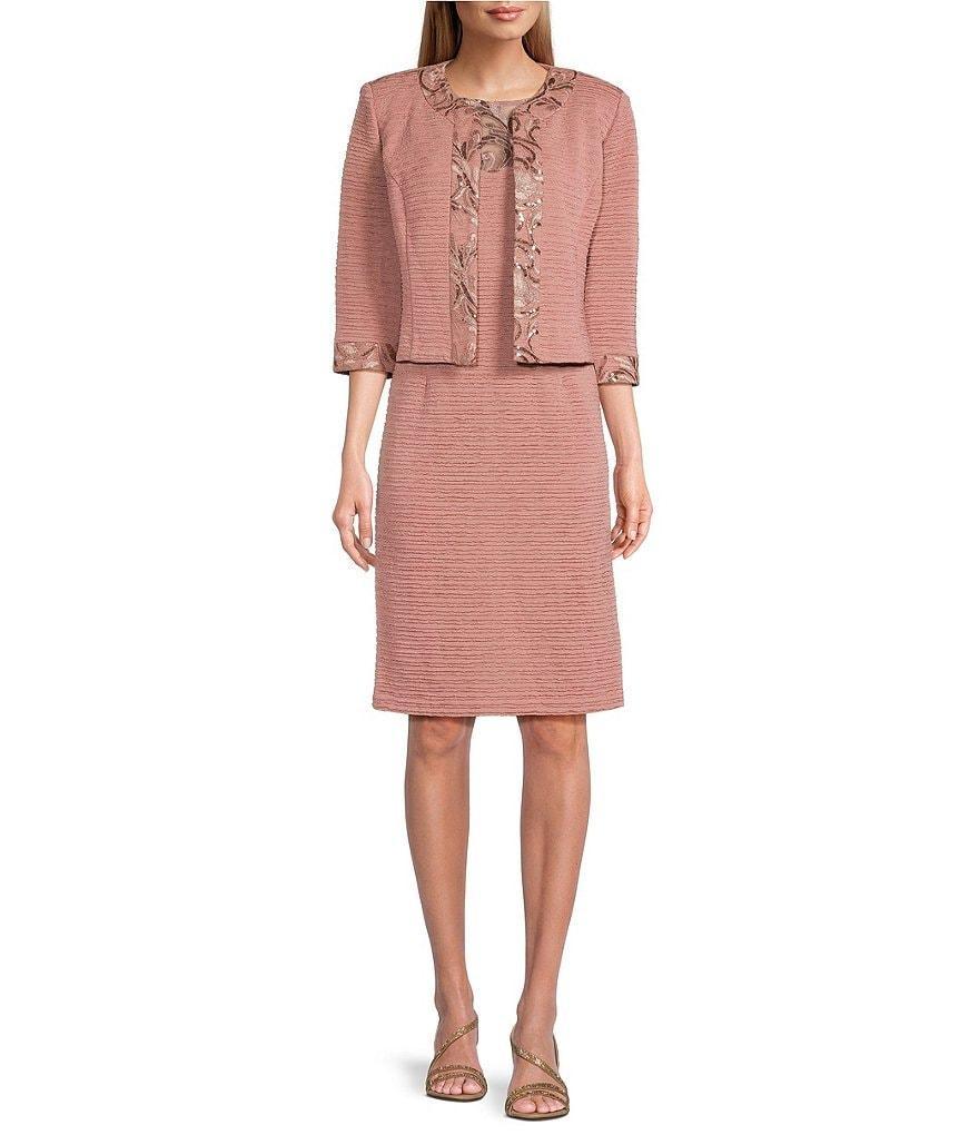 Le Bos Round Neck 3/4 Sleeve Embroidered Mesh Trim Textured 2-Piece Jacket Dress Product Image