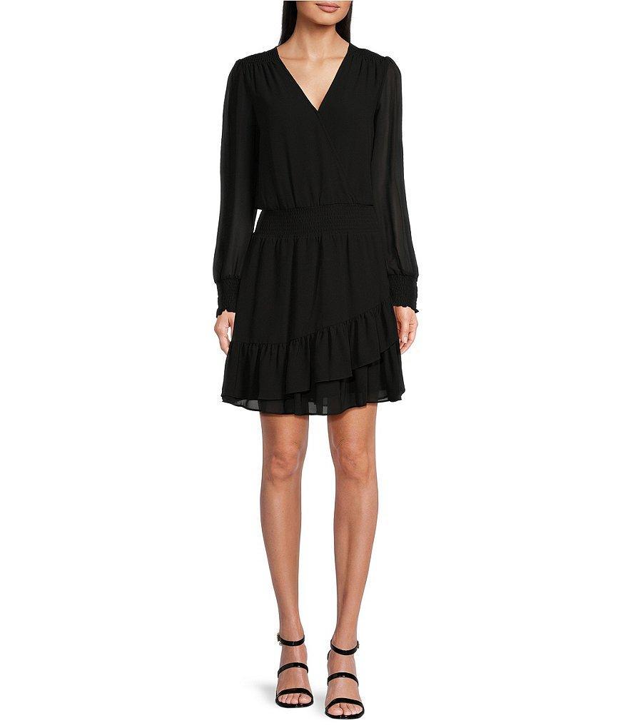 MICHAEL Michael Kors Georgette Surplice V-Neck Long Cuff Sleeve Smocked Waist Tiered Ruffle Hem Faux Wrap Dress Product Image