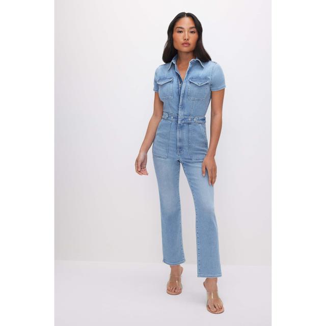 Womens Petite Fit For Success Denim Jumpsuit | Blue, | Hidden Front Zipper Closure, Breast Pockets Size 4XL | Good American by Product Image