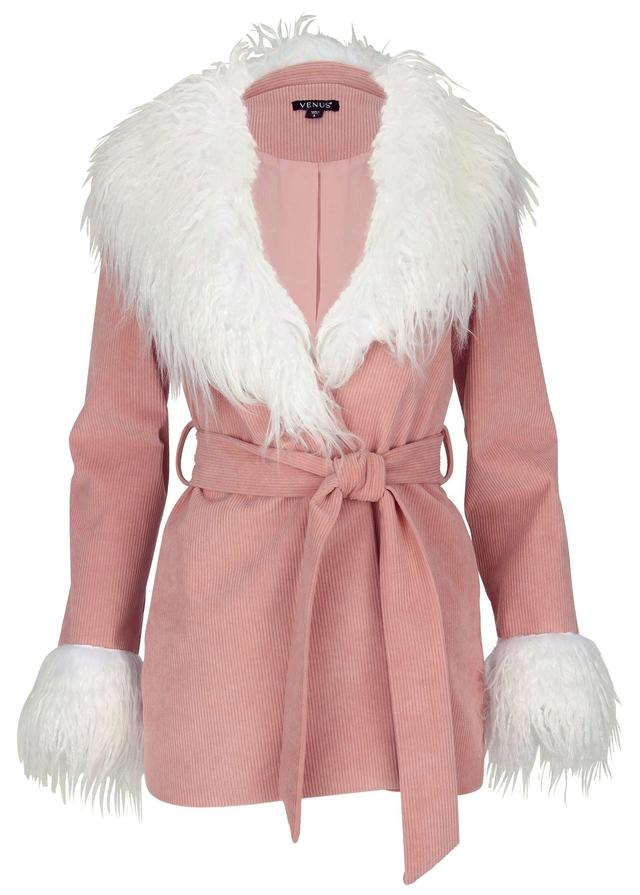 Corduroy Fur Trim Coat - Pink Product Image